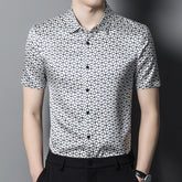 Mens Silk Shirts Short Sleeve Navy Geometric Print Silk Dress Shirt