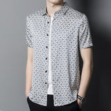 Mens Silk Shirts Short Sleeve Navy Geometric Print Silk Dress Shirt