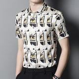 Mens Silk Shirts Short Sleeve Retro Geometric Print Silk Dress Shirt