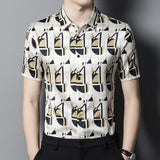 Mens Silk Shirts Short Sleeve Retro Geometric Print Silk Dress Shirt