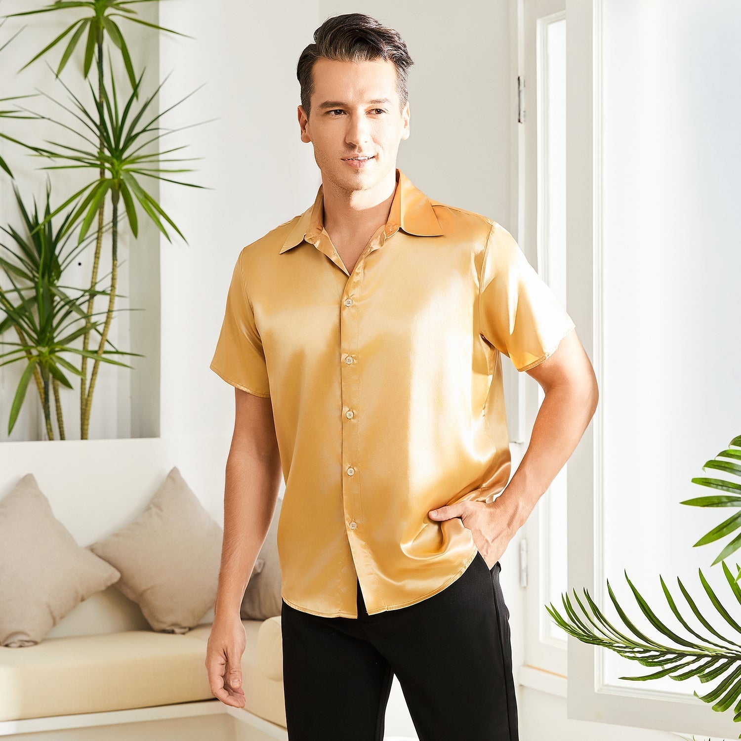 Men's Silk T-Shirt Luxury Button Down Silk Short Dress Shirt
