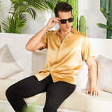 Men's Silk T-Shirt Luxury Button Down Silk Short Dress Shirt