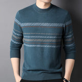 Mens Striped Crew Neck Pure Cashmere Sweater Cashmere Pullover Dark Teal XS