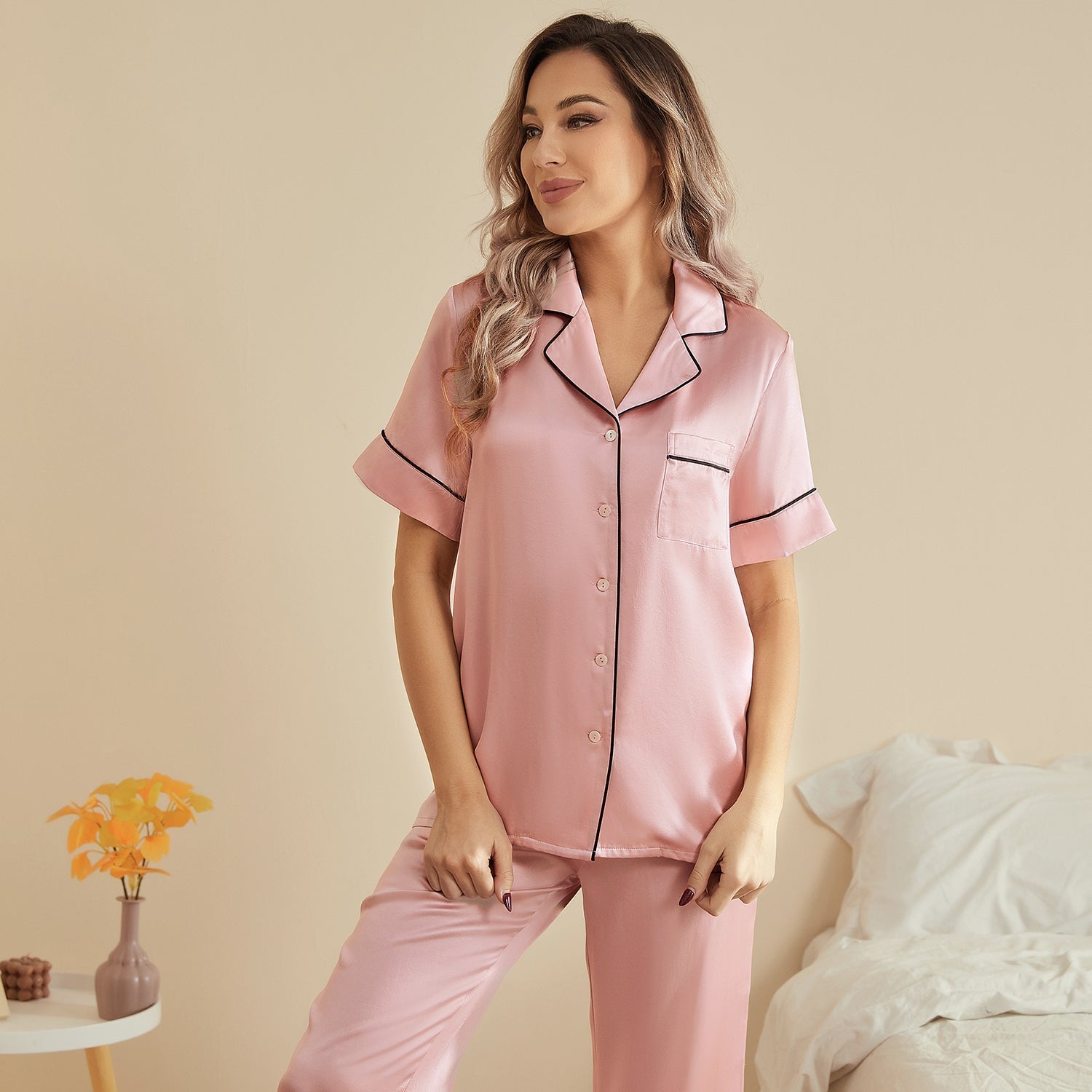 Classic Silk Pajamas Short Sleeve Long Pants Silk Pjs