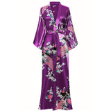 Women Silk Kimono Hand Painted Peacock & Flowers Nightwear
