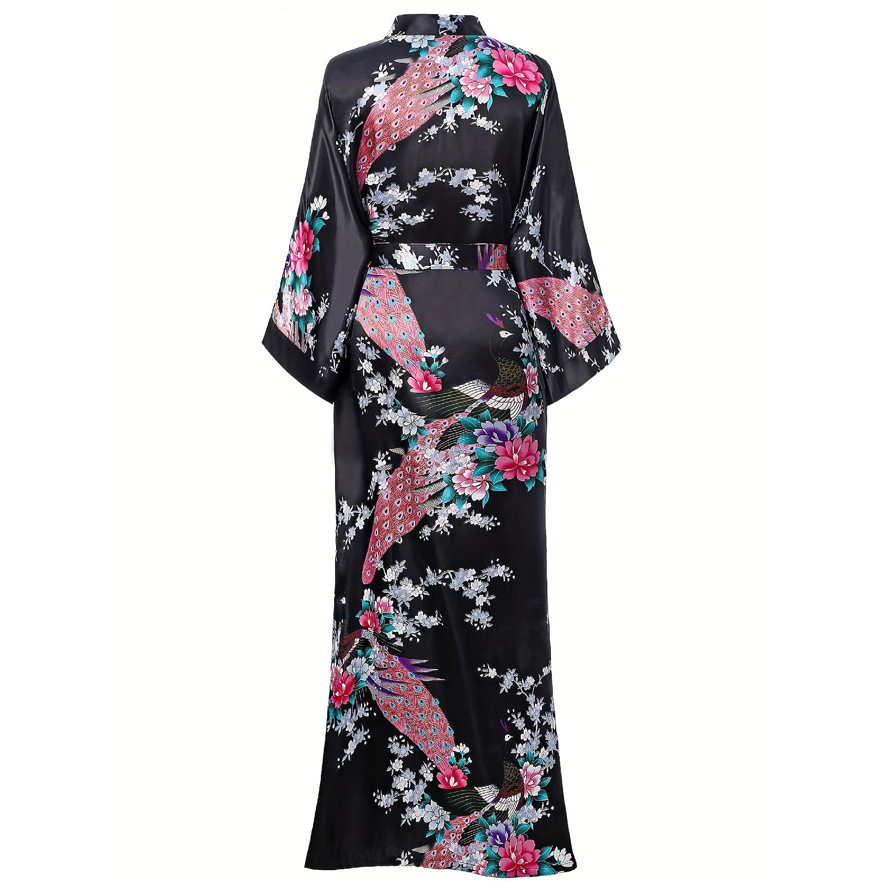 Women Silk Kimono Hand Painted Peacock & Flowers Nightwear