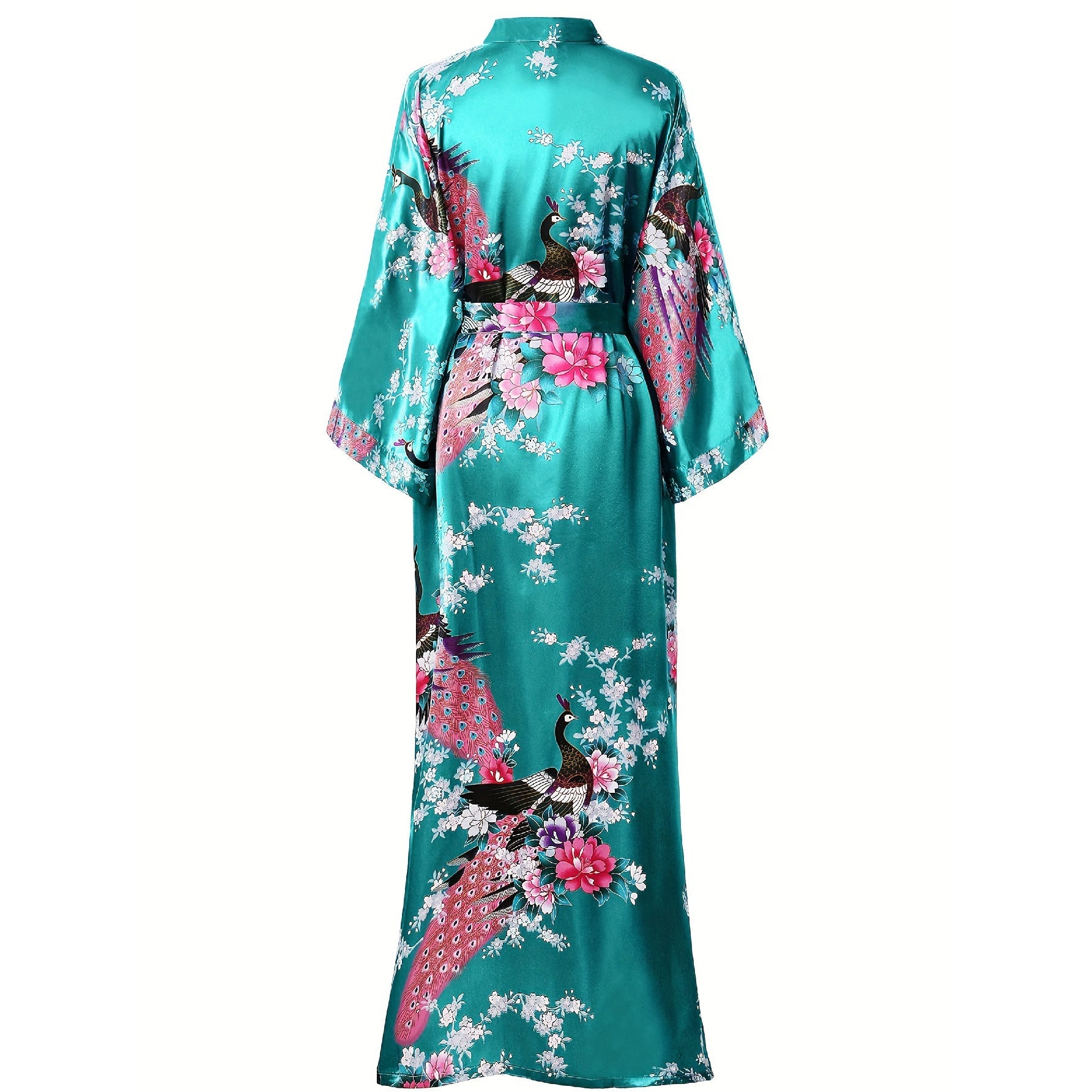 Women Silk Kimono Hand Painted Peacock & Flowers Nightwear