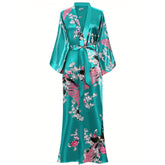 Women Silk Kimono Hand Painted Peacock & Flowers Nightwear