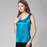 Peacock Blue Classic Round Neck Silk Tank Top for Ladies