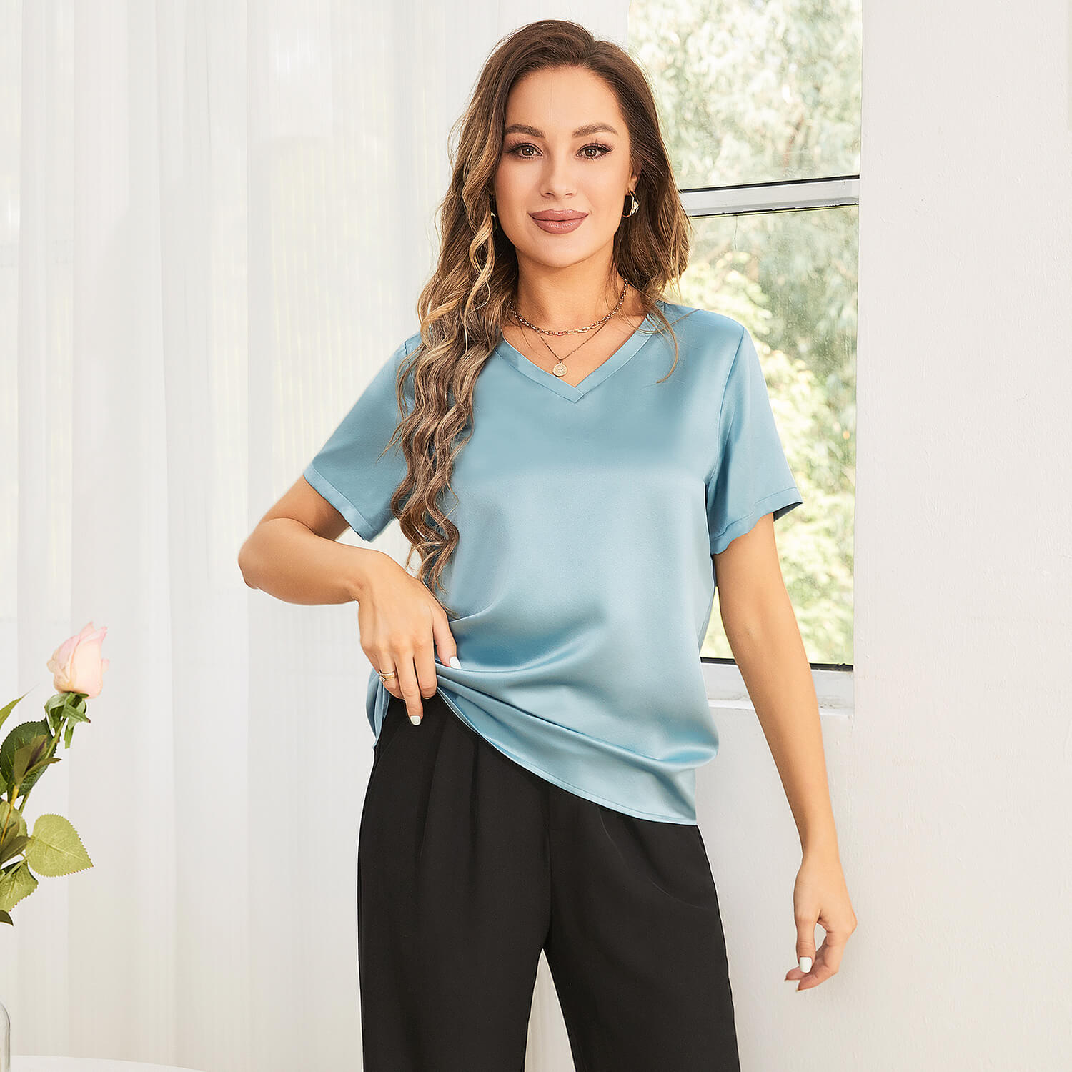 Pure Silk Blouses Short Sleeves Womens Pure Silk Top