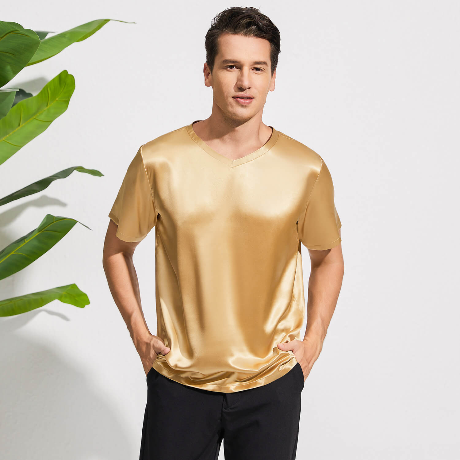 Pure Silk T-Shirts For Men Luxury V - Neck Silk Top Tee