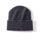 Ribbed 100% Cashmere Beanie Hat Premium Pure Cashmere Beanie with Folded Cuff