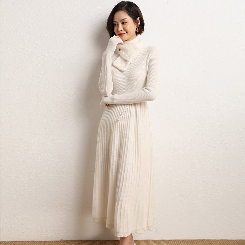 Ribbed Knit Cashmere Midi Dress Mock Neck Cashmere Dress for Women