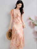 Romantic Puff Sleeve Summer Silk Dress Silk Maxi Dress for Women Silk Floral Dress Pink XS