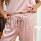 Short Sleeve Women's Silk Pajama Set With Wide Leg Pants