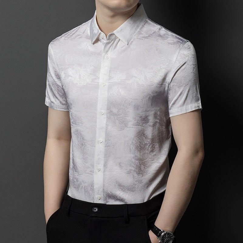 Silk Shirts for Men Short Sleeve Jacquard Silk Button Up Shirt XS White