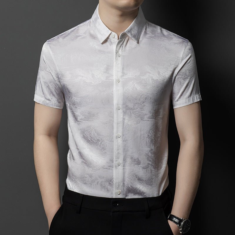 Silk Shirts for Men Short Sleeve Jacquard Silk Button Up Shirt XS White