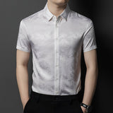 Silk Shirts for Men Short Sleeve Jacquard Silk Button Up Shirt XS White