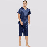 Mens Short Silk Pajama Set Silk Two Piece V Neck Silk Sleepwear