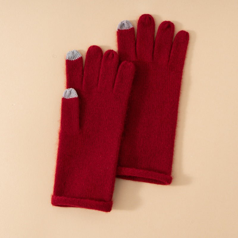 Soft Knit Cashmere Gloves Touch Tip Design Roll Edge Hem