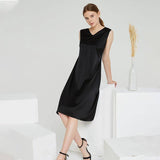 Summer Party Silk Dress Sleeveless V Neck Pure Silk Dresses Black XS