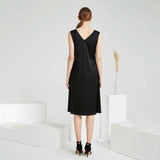 Summer Party Silk Dress Sleeveless V Neck Pure Silk Dresses Black XS
