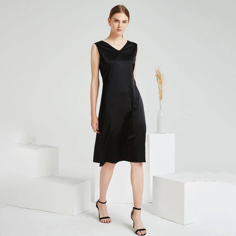 Summer Party Silk Dress Sleeveless V Neck Pure Silk Dresses Black XS