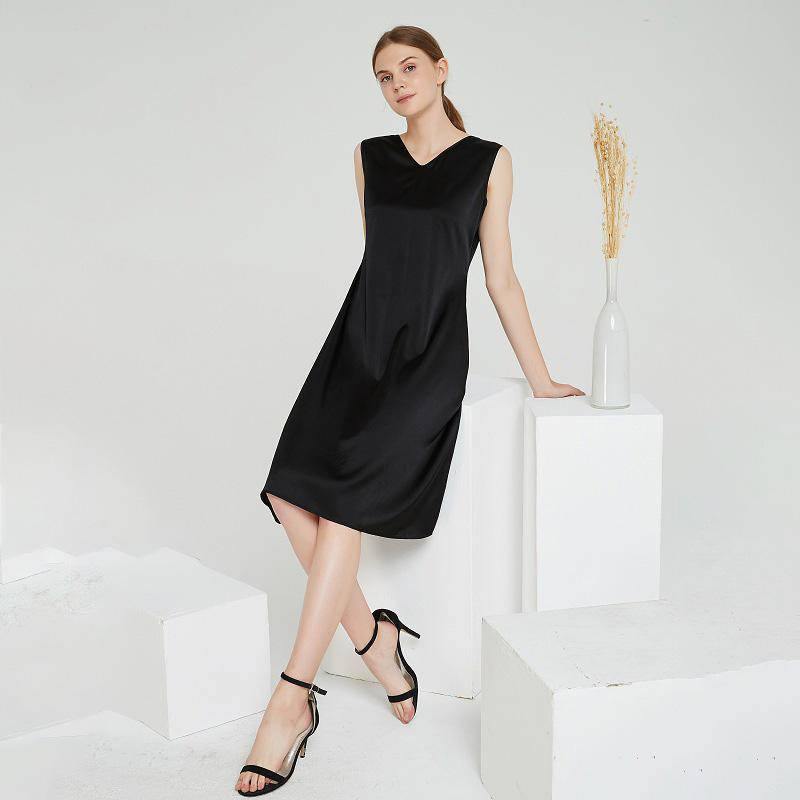 Summer Party Silk Dress Sleeveless V Neck Pure Silk Dresses Black XS