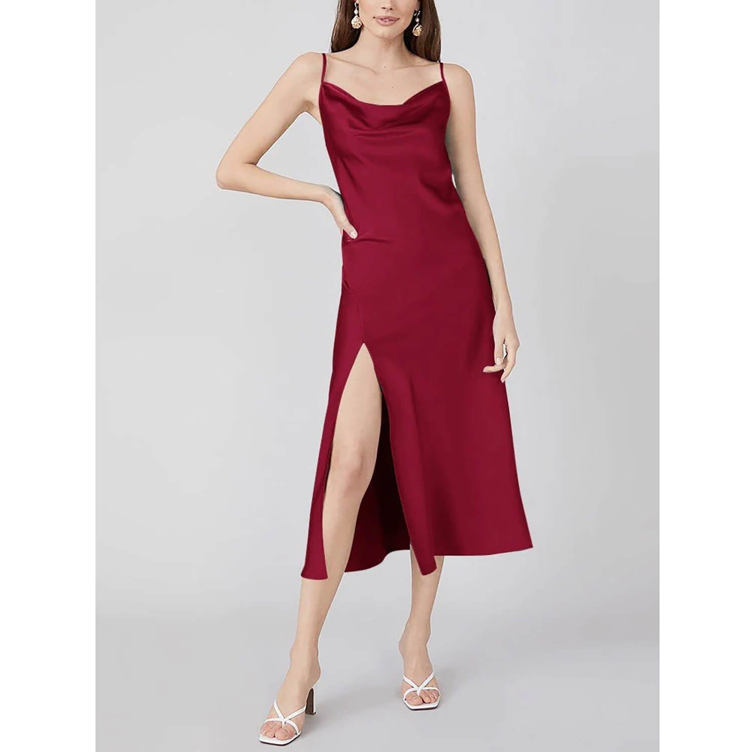 Summer Silk Dress Ladies Cowl Neck Pure Silk Slip Dress Claret XS
