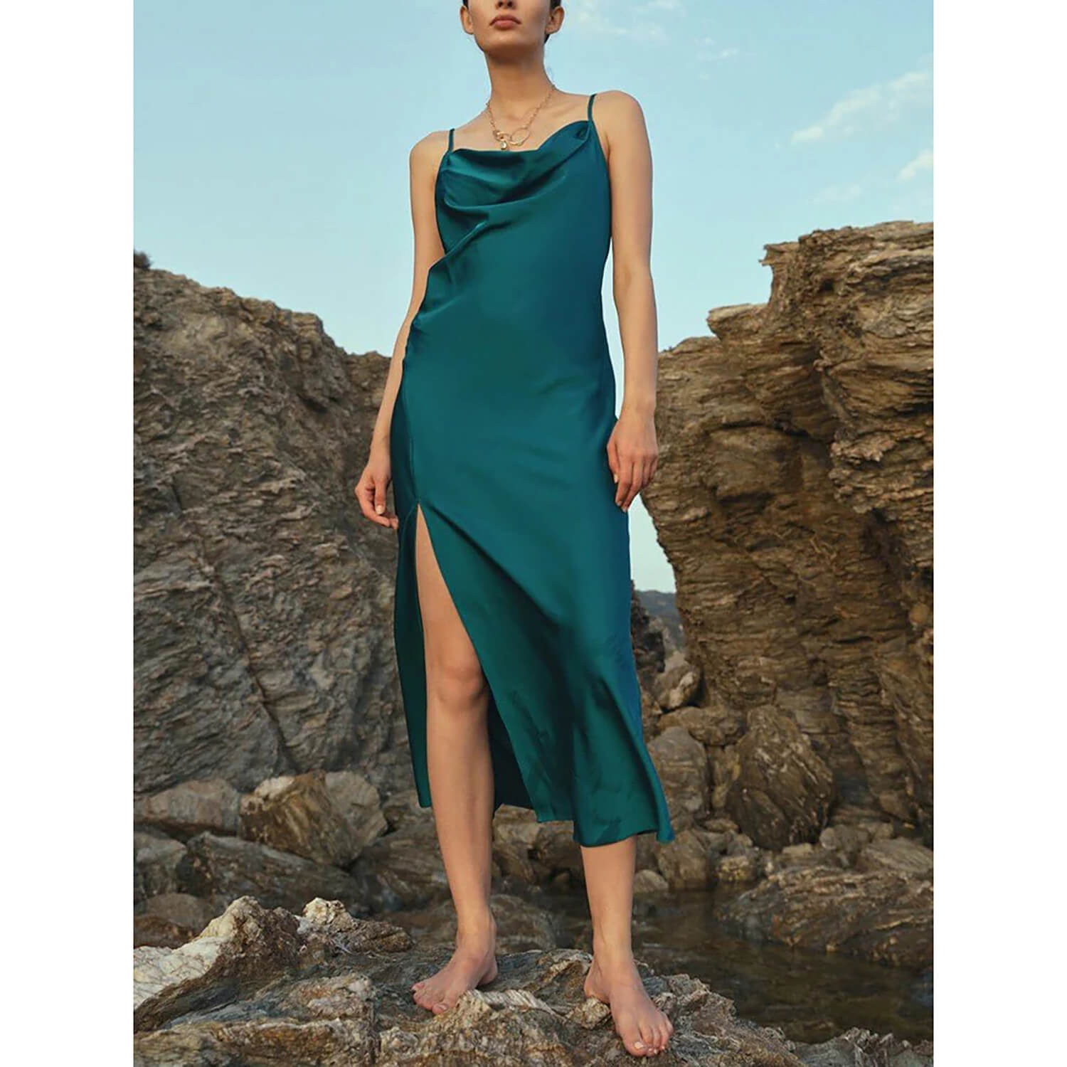 Summer Silk Dress Ladies Cowl Neck Pure Silk Slip Dress Dark Teal XS