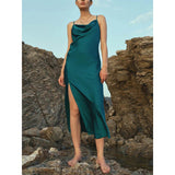 Summer Silk Dress Ladies Cowl Neck Pure Silk Slip Dress Dark Teal XS
