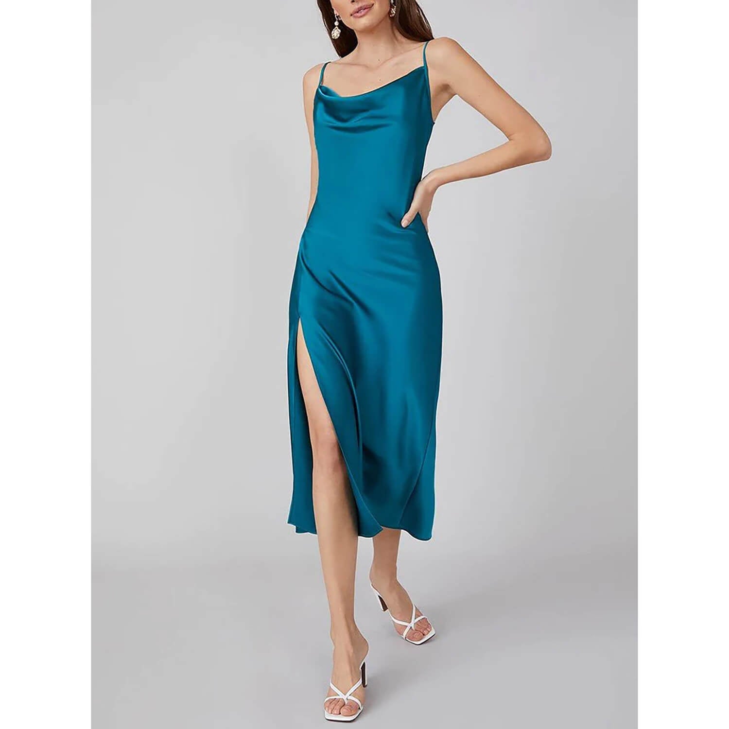 Summer Silk Dress Ladies Cowl Neck Pure Silk Slip Dress Dark Teal XS