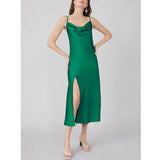 Summer Silk Dress Ladies Cowl Neck Pure Silk Slip Dress Dark Green XS