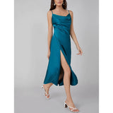 Summer Silk Dress Ladies Cowl Neck Pure Silk Slip Dress Dark Teal XS