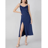 Summer Silk Dress Ladies Cowl Neck Pure Silk Slip Dress Navy Blue XS