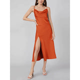 Summer Silk Dress Ladies Cowl Neck Pure Silk Slip Dress Orange XS
