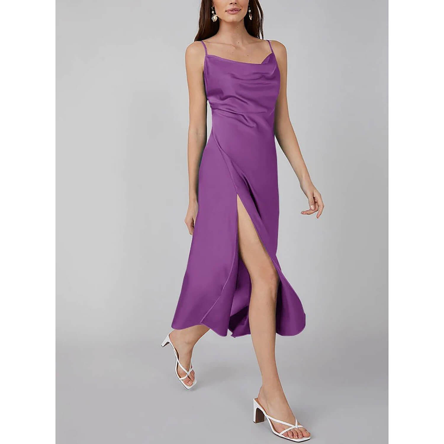 Summer Silk Dress Ladies Cowl Neck Pure Silk Slip Dress Purple XS