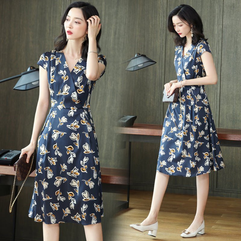 Summer Floral Silk Wrap Dress Cap Sleeve Silk Wrap Dress for Women Blue S