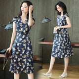 Summer Floral Silk Wrap Dress Cap Sleeve Silk Wrap Dress for Women Blue S