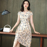 Summer Floral Silk Wrap Dress Cap Sleeve Silk Wrap Dress for Women Apricot S