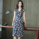 Summer Floral Silk Wrap Dress Cap Sleeve Silk Wrap Dress for Women Blue S
