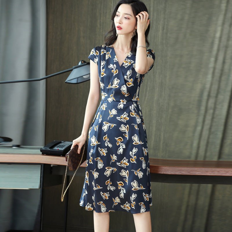 Summer Floral Silk Wrap Dress Cap Sleeve Silk Wrap Dress for Women Blue S