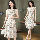 Summer Floral Silk Wrap Dress Cap Sleeve Silk Wrap Dress for Women Apricot S