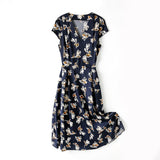 Summer Floral Silk Wrap Dress Cap Sleeve Silk Wrap Dress for Women Blue S