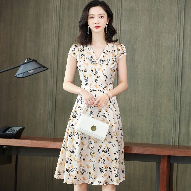 Summer Floral Silk Wrap Dress Cap Sleeve Silk Wrap Dress for Women Apricot S