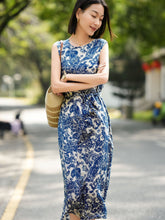 Toile Print Silk Midi Dress for Women Sleeveless Belted Silk Dress Blue XS