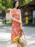 Toile Print Silk Midi Dress for Women Sleeveless Belted Silk Dress Red XS