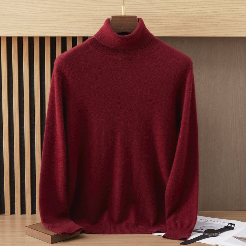 Mens Turtleneck Cashmere Sweater Long Sleeve Ribbed Hem Claret XS