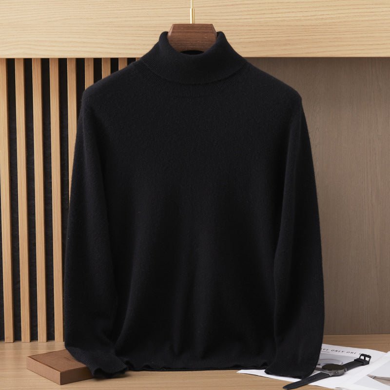 Mens Turtleneck Cashmere Sweater Long Sleeve Ribbed Hem Black XS