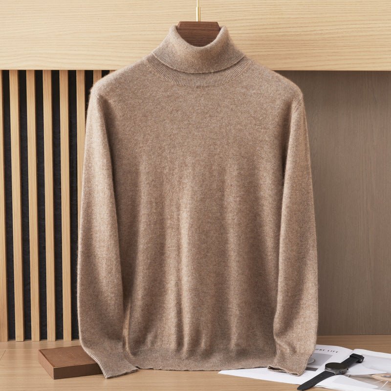 Mens Turtleneck Cashmere Sweater Long Sleeve Ribbed Hem Camel - 1 XS